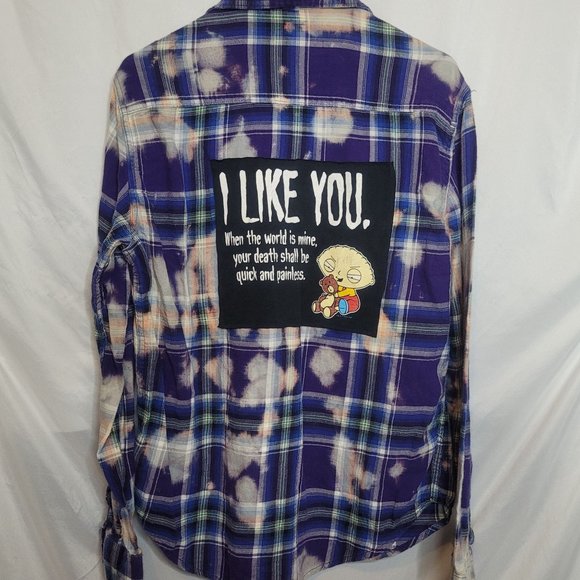 Family Guy Stewie Upcycle Flannel Shirt Bleached Purple Plaid Aeropostale Med - Picture 1 of 9